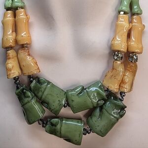 Vintage Chunky Lucite Bamboo Statement Necklace Green Amber Rhinestone